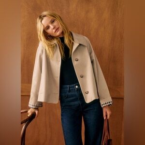 Sezane Bobby Jacket, Light Beige & Gingham, Oversized Cropped Trench, NWT Size 2